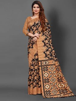 Akhilam - Womens Bhagalpuri Silk Brown Printed Designer Saree with Unstitched Blouse