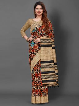 Akhilam - Womens Bhagalpuri Silk Brown Printed Designer Saree with Unstitched Blouse