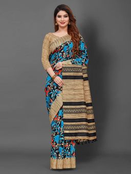 Akhilam - Womens Bhagalpuri Silk Blue Printed Designer Saree with Unstitched Blouse