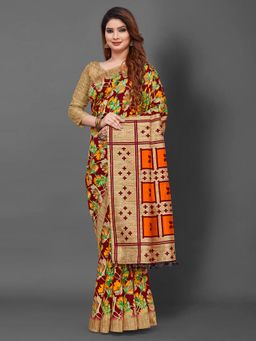 Akhilam - Womens Bhagalpuri Silk Maroon Printed Designer Saree with Unstitched Blouse