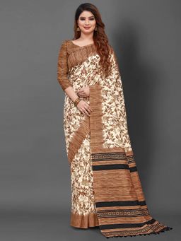 Akhilam - Womens Bhagalpuri Silk Brown Printed Designer Saree with Unstitched Blouse