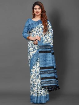 Akhilam - Womens Bhagalpuri Silk Blue Printed Designer Saree with Unstitched Blouse