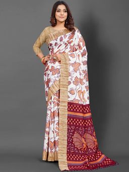 Akhilam - Womens Bhagalpuri Silk White Printed Designer Saree with Unstitched Blouse