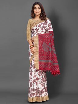 Akhilam - Womens Bhagalpuri Silk White Printed Designer Saree with Unstitched Blouse