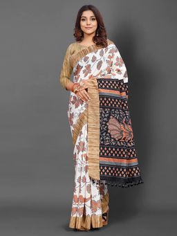 Akhilam - Womens Bhagalpuri Silk White Printed Designer Saree with Unstitched Blouse