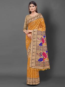 Akhilam - Womens Bhagalpuri Silk Yellow Printed Designer Saree with Unstitched Blouse
