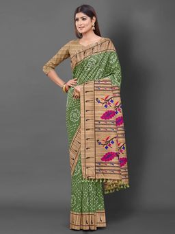 Akhilam - Womens Bhagalpuri Silk Green Printed Designer Saree with Unstitched Blouse