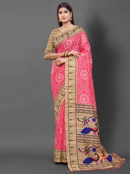 Akhilam - Womens Bhagalpuri Silk Pink Printed Designer Saree with Unstitched Blouse