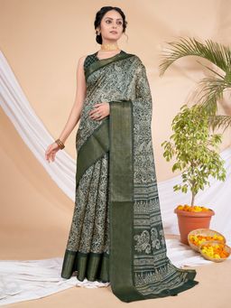 Akhilam - Womens Cotton Blend Green Printed Designer Saree with Unstitched Blouse