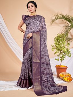 Akhilam - Womens Cotton Blend Purple Printed Designer Saree with Unstitched Blouse