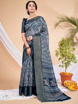 Akhilam - Womens Cotton Blend Teal Blue Printed Designer Saree with Unstitched Blouse