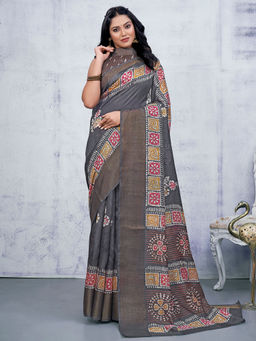 Akhilam - Womens Cotton Blend Grey Printed Designer Saree with Unstitched Blouse