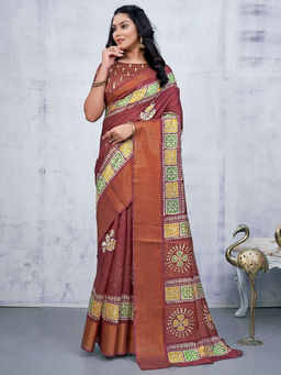 Akhilam - Womens Cotton Blend Maroon Printed Designer Saree with Unstitched Blouse