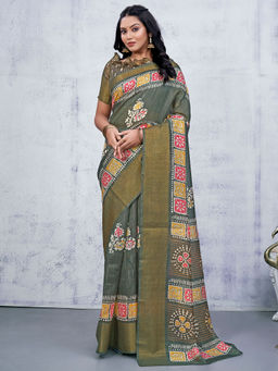 Akhilam - Womens Cotton Blend Olive Printed Designer Saree with Unstitched Blouse