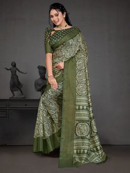 Akhilam - Womens Cotton Blend Green Printed Designer Saree with Unstitched Blouse