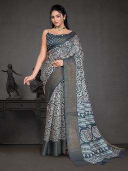 Akhilam - Womens Cotton Blend Grey Printed Designer Saree with Unstitched Blouse