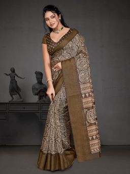 Akhilam - Womens Cotton Blend Olive Printed Designer Saree with Unstitched Blouse