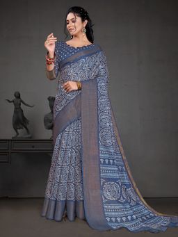 Akhilam - Womens Cotton Blend Blue Printed Designer Saree with Unstitched Blouse