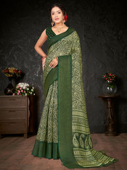 Akhilam - Womens Cotton Blend Green Printed Designer Saree with Unstitched Blouse