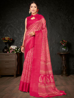 Akhilam - Womens Cotton Blend Pink Printed Designer Saree with Unstitched Blouse