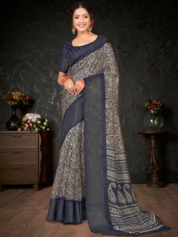 Akhilam - Womens Cotton Blend Navy Blue Printed Designer Saree with Unstitched Blouse