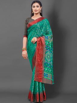 Akhilam - Womens Sana Silk Green Printed Designer Saree with Unstitched Blouse