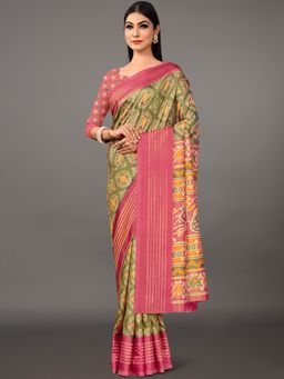 Akhilam - Womens Sana Silk Olive Printed Designer Saree with Unstitched Blouse