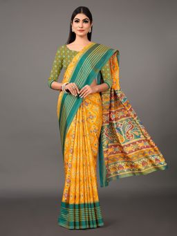 Akhilam - Womens Sana Silk Yellow Printed Designer Saree with Unstitched Blouse