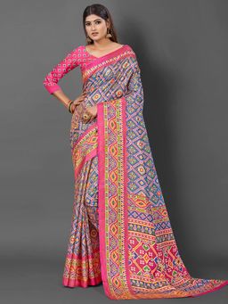 Akhilam - Womens Sana Silk Blue Printed Designer Saree with Unstitched Blouse