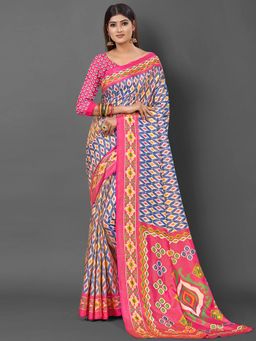 Akhilam - Womens Sana Silk Blue Printed Designer Saree with Unstitched Blouse