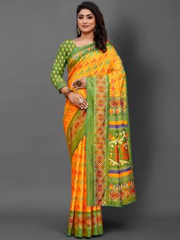 Akhilam - Womens Sana Silk Yellow Printed Designer Saree with Unstitched Blouse