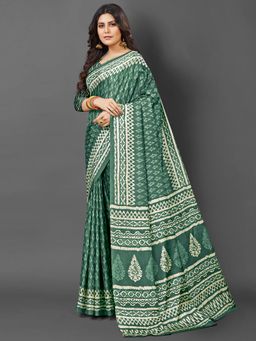Akhilam - Womens Dola Silk Green Printed Designer Saree with Unstitched Blouse