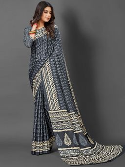 Akhilam - Womens Dola Silk Grey Printed Designer Saree with Unstitched Blouse