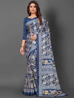 Akhilam - Womens Dola Silk Blue Printed Designer Saree with Unstitched Blouse