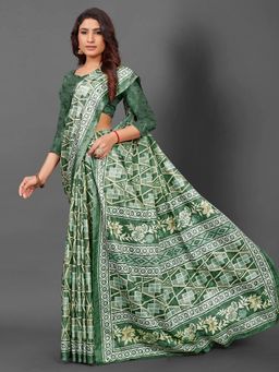 Akhilam - Womens Dola Silk Green Printed Designer Saree with Unstitched Blouse