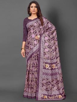 Akhilam - Womens Dola Silk Purple Printed Designer Saree with Unstitched Blouse