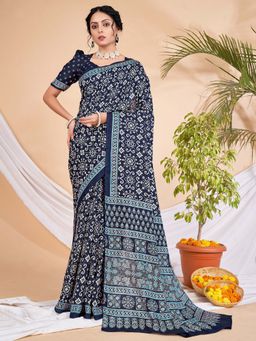 Akhilam - Womens Dola Silk Navy Blue Printed Designer Saree with Unstitched Blouse