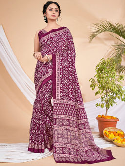 Akhilam - Womens Dola Silk Magenta Printed Designer Saree with Unstitched Blouse