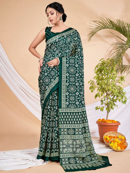 Akhilam - Womens Dola Silk Green Printed Designer Saree with Unstitched Blouse