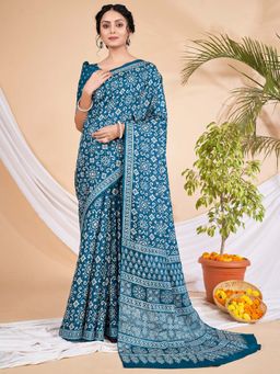Akhilam - Womens Dola Silk Teal Blue Printed Designer Saree with Unstitched Blouse