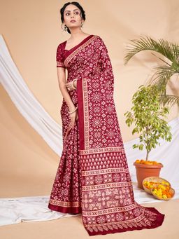 Akhilam - Womens Dola Silk Maroon Printed Designer Saree with Unstitched Blouse