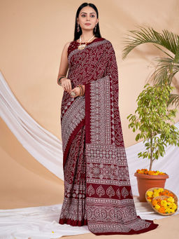 Akhilam - Womens Dola Silk Maroon Printed Designer Saree with Unstitched Blouse