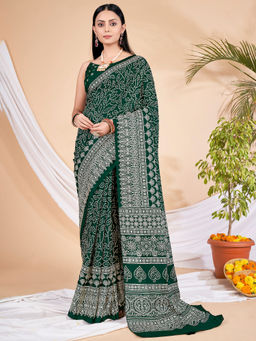 Akhilam - Womens Dola Silk Green Printed Designer Saree with Unstitched Blouse