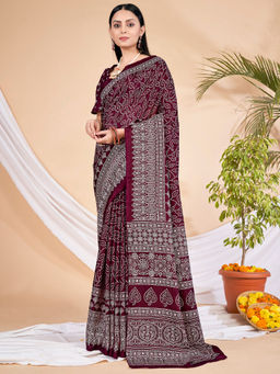 Akhilam - Womens Dola Silk Maroon Printed Designer Saree with Unstitched Blouse
