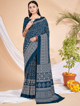 Akhilam - Womens Dola Silk Teal Blue Printed Designer Saree with Unstitched Blouse