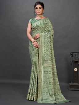 Akhilam - Womens Dola Silk Olive Printed Designer Saree with Unstitched Blouse
