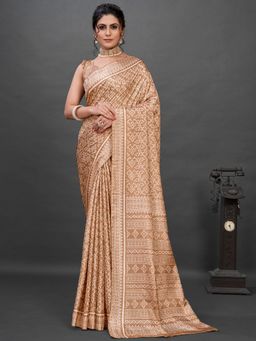 Akhilam - Womens Dola Silk Beige Printed Designer Saree with Unstitched Blouse