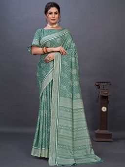 Akhilam - Womens Dola Silk Sea Green Printed Designer Saree with Unstitched Blouse