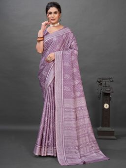 Akhilam - Womens Dola Silk Lavender Printed Designer Saree with Unstitched Blouse