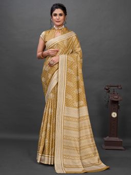 Akhilam - Womens Dola Silk Mustard Printed Designer Saree with Unstitched Blouse